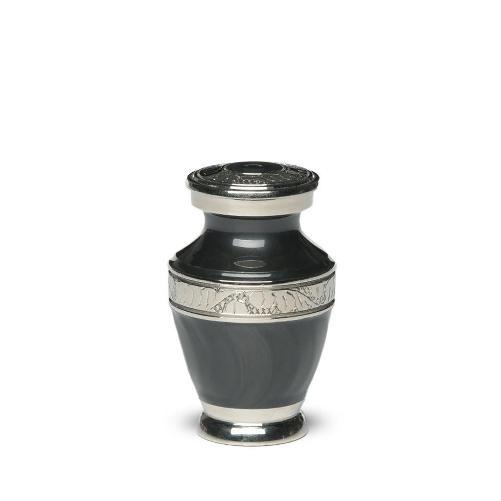 KEEPSAKE Brass Urn -1964- Enamel Overlay- Silver-tone bands Charcoal