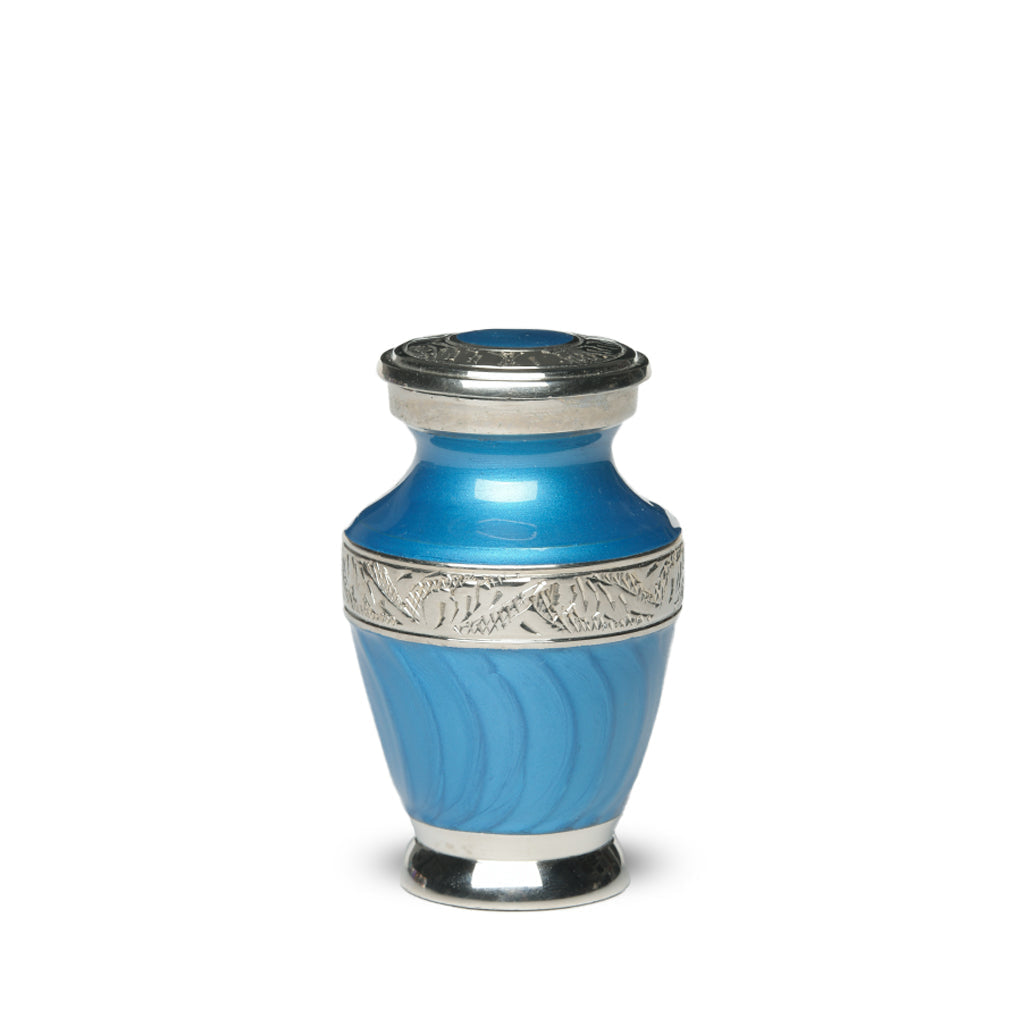 KEEPSAKE Brass Urn -1964- Enamel Overlay- Silver-tone bands Dark Blue
