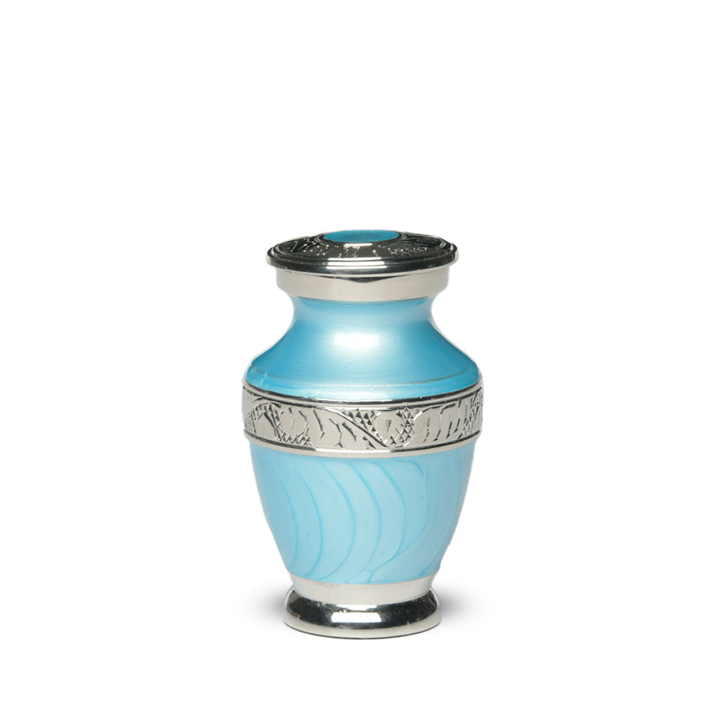 KEEPSAKE Brass Urn -1964- Enamel Overlay- Silver-tone bands Light Blue