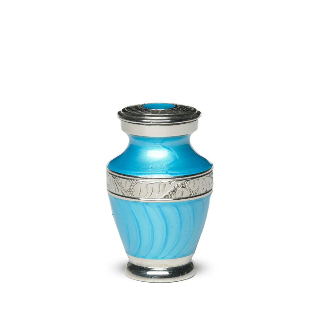 KEEPSAKE Brass Urn -1964- Enamel Overlay- Silver-tone bands Turquoise