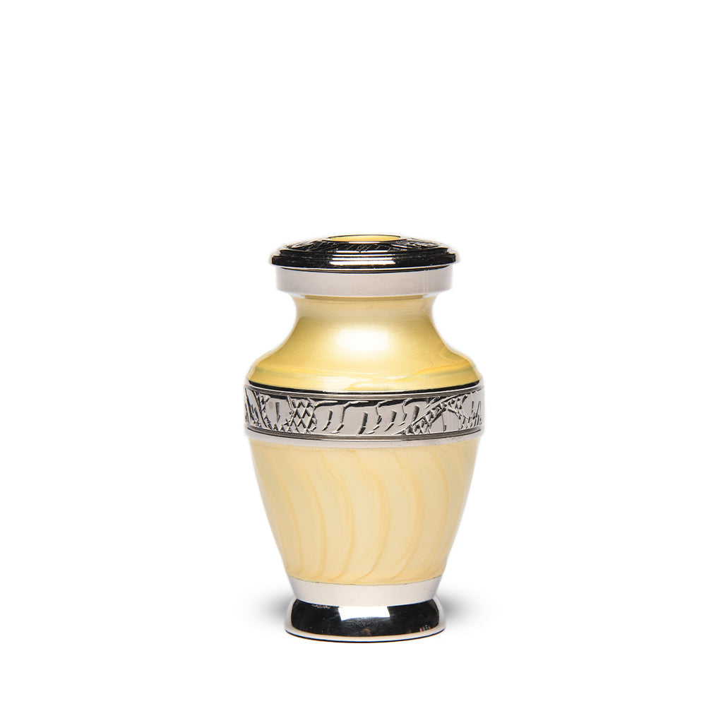 KEEPSAKE Brass Urn -1964- Enamel Overlay- Silver-tone bands Yellow