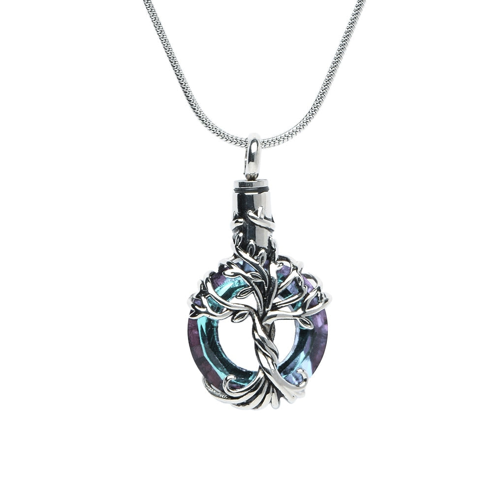 J-2510 - Iridescent Cut Glass Circle With Tree Of Life Pendant Chain Blue-Purple