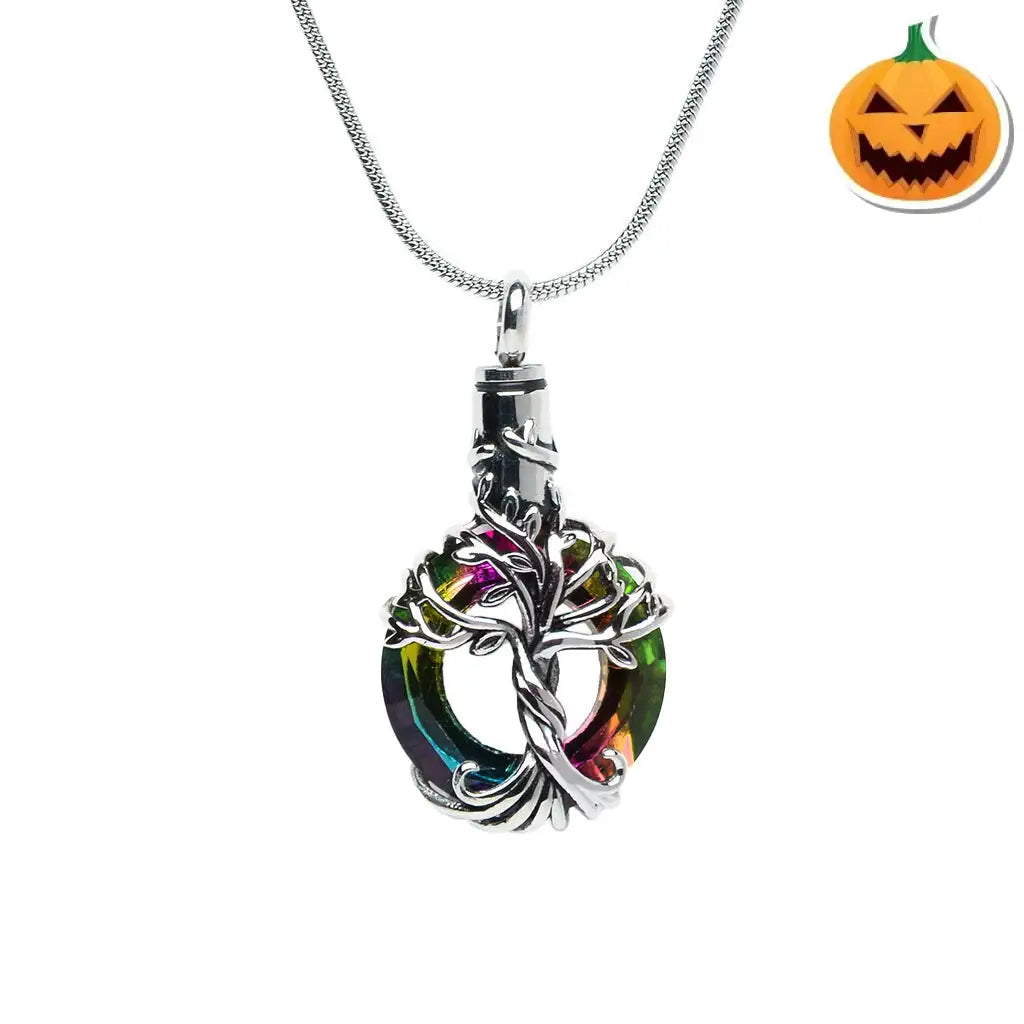 J-2510 - Iridescent Cut Glass Circle With Tree Of Life Pendant Chain Rainbow