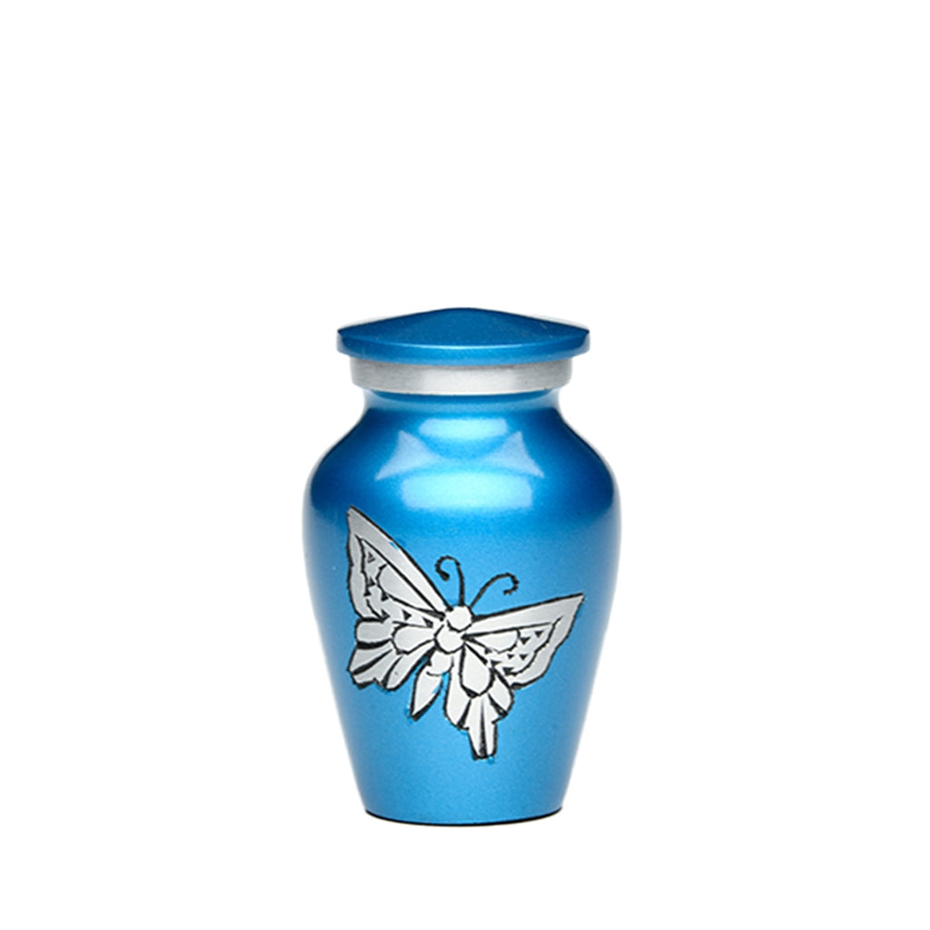 KEEPSAKE -Classic Alloy Urn -2415– with engraved BUTTERFLIES Blue