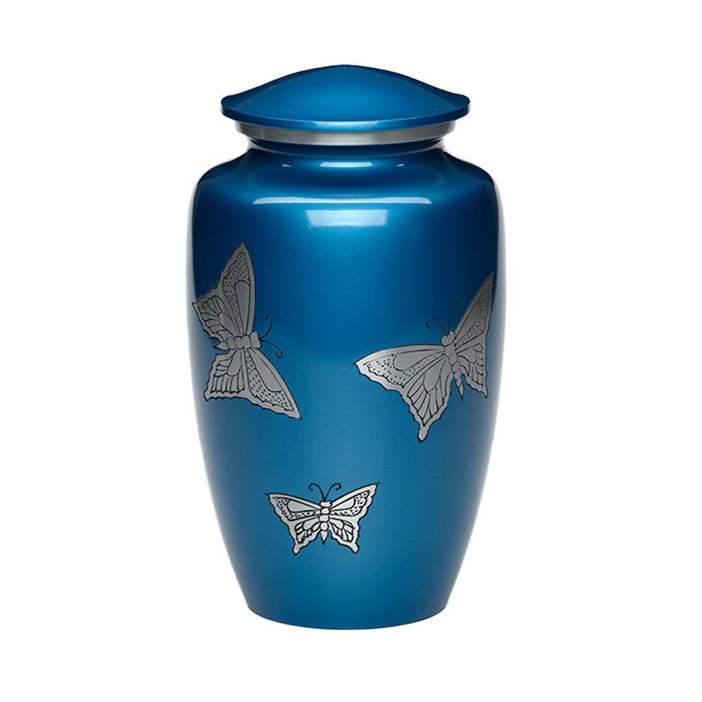 ADULT -Classic Alloy Urn -2415– with engraved BUTTERFLIES Blue