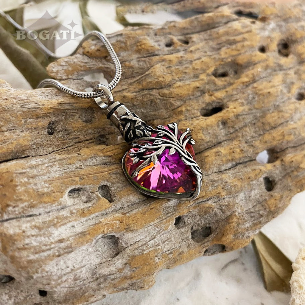 J-2505- Iridescent Cut Glass Heart With Tree Of Life- Pendant Chain