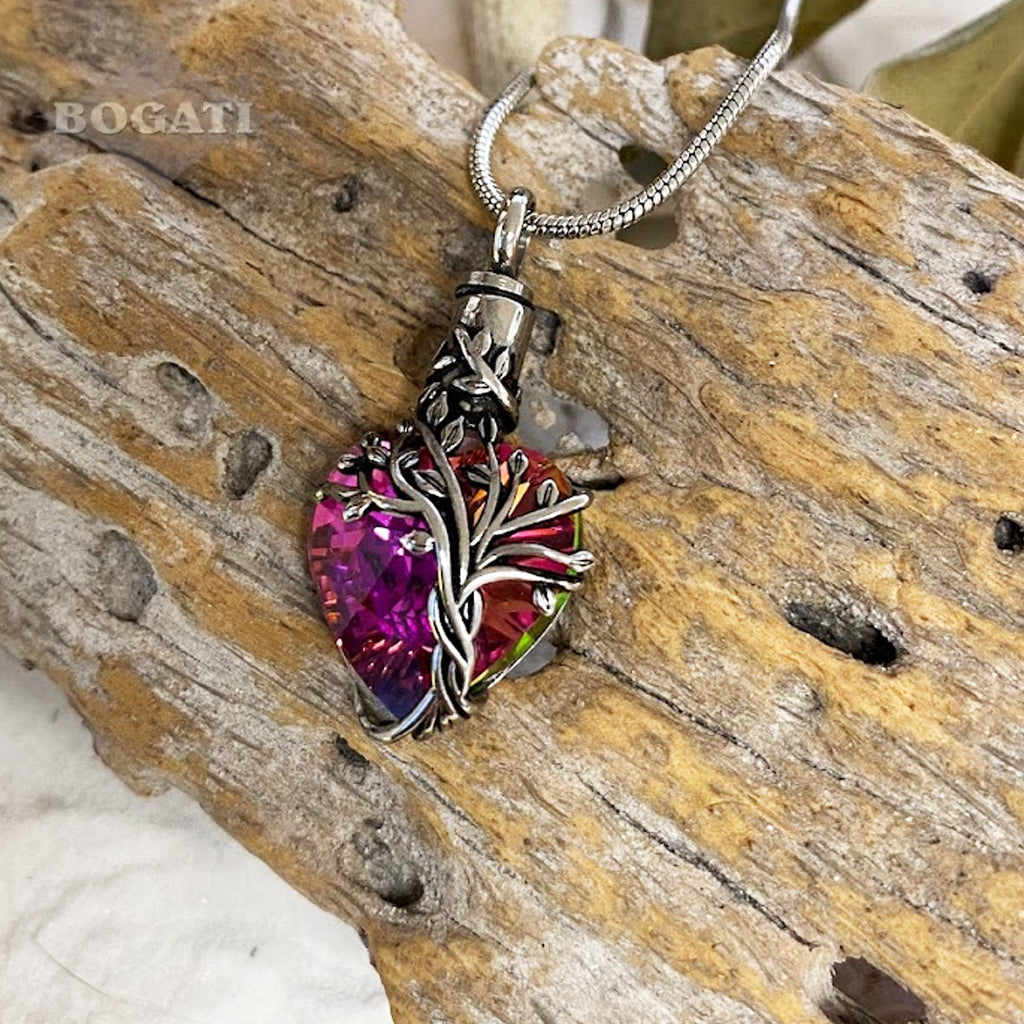 J-2505- Iridescent Cut Glass Heart With Tree Of Life- Pendant Chain