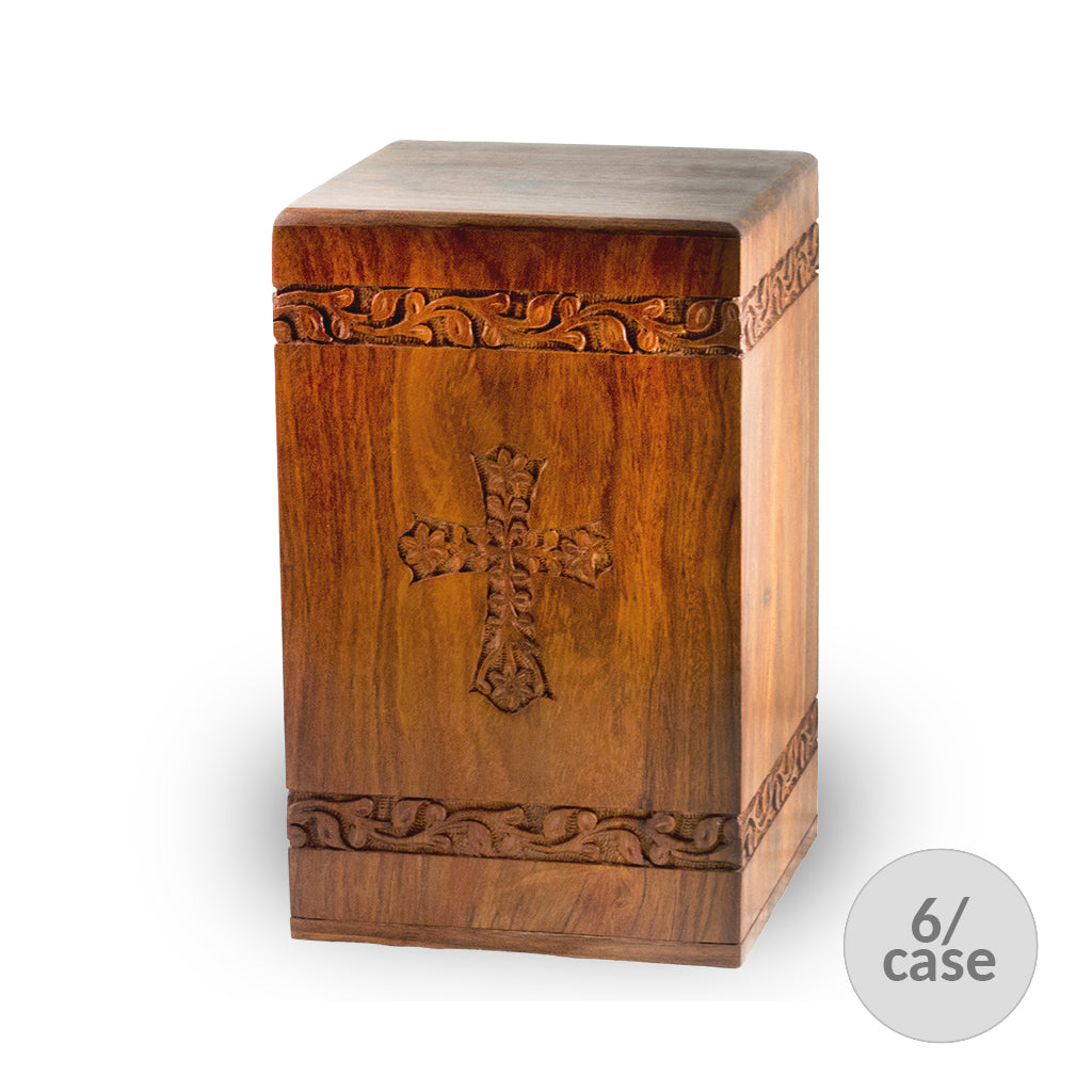 ADULT - Rosewood Tower Urn -2733- Hand-Carved Cross Design - Case of 6