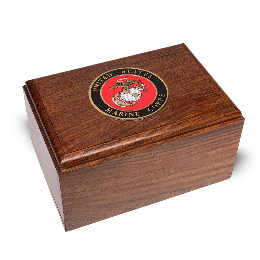 ADULT Rosewood Urn -2705- Bevel Edge with US Military Emblem Marine Corps