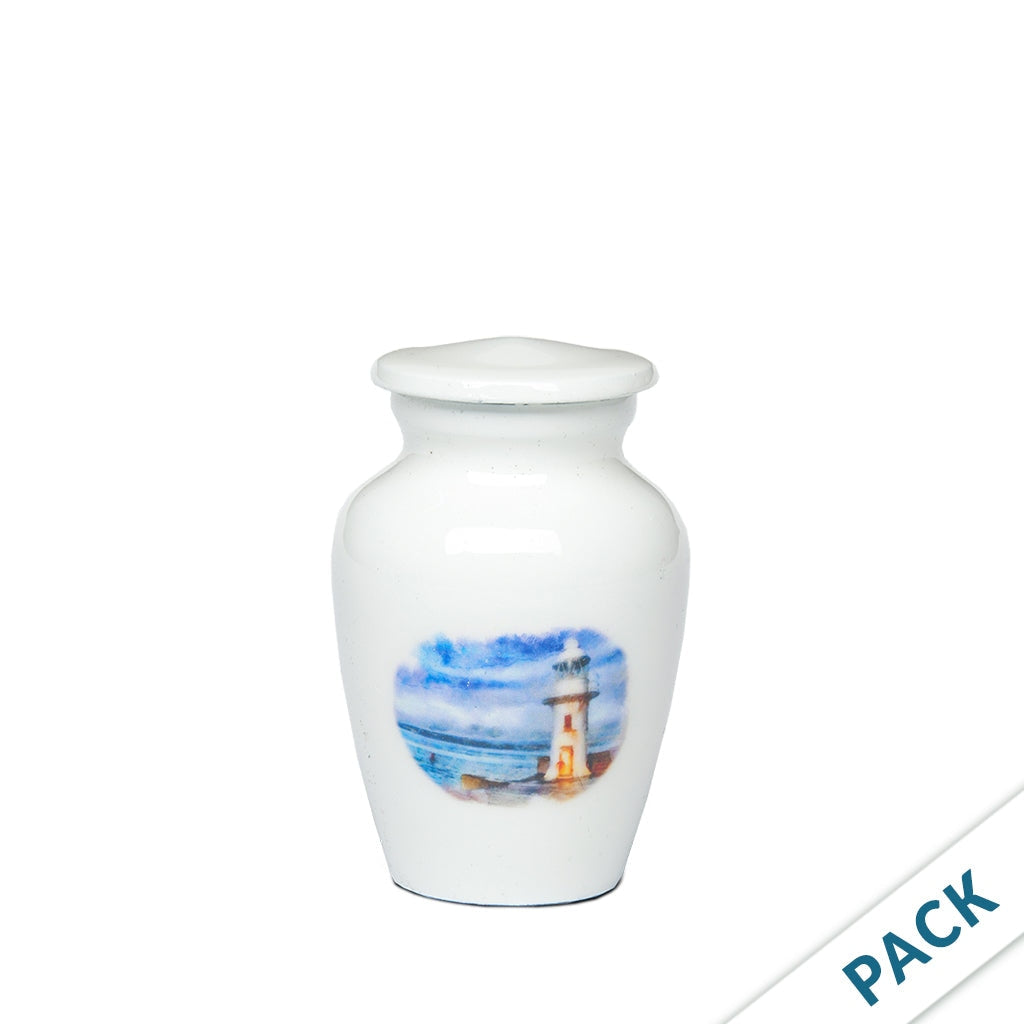 KEEPSAKE -Alloy Urn -3126- WHITE with LIGHTHOUSE Design by Bogati© - Pack of 10