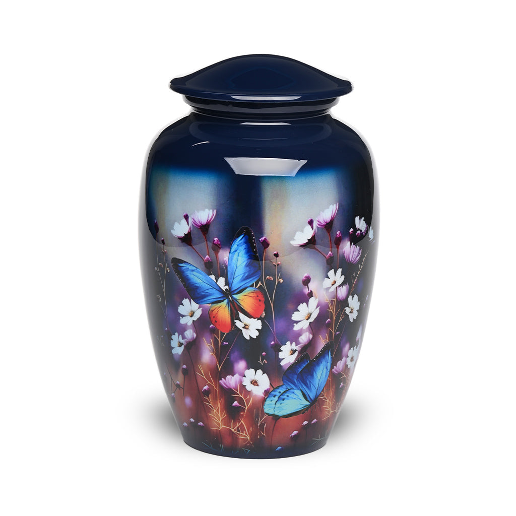 ADULT - Alloy Urn -3350 - Dark Blue Floral Nature Urns Butterflies