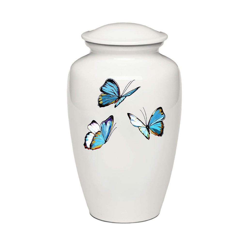 Adult White Alloy Urn with Blue Butterflies | Bogati Urn Company