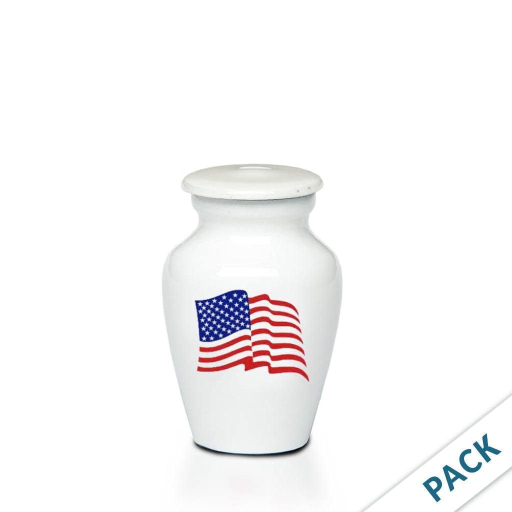 KEEPSAKE -Classic Alloy Urn - 4000 Series – WHITE with Illustration - Pack of 10 American Flag