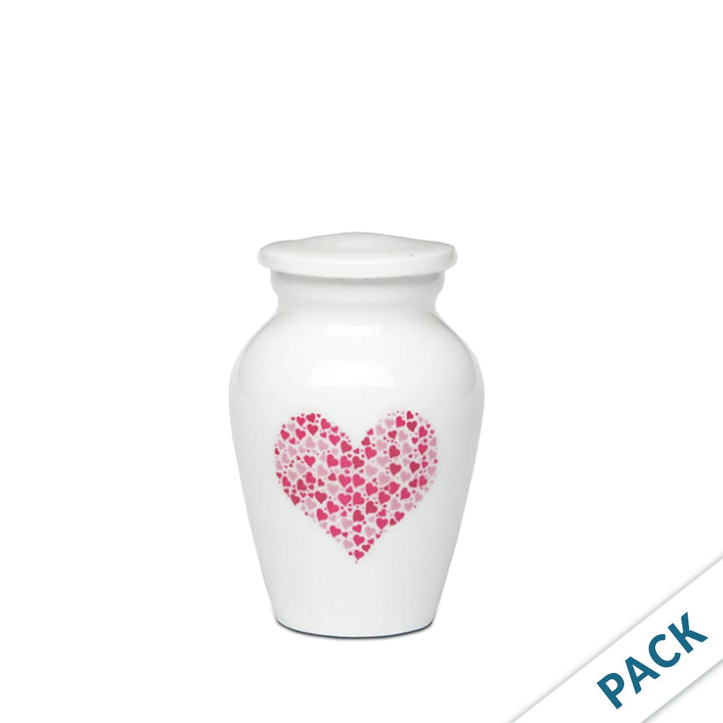 KEEPSAKE -Classic Alloy Urn - 4000 Series – WHITE with Illustration - Pack of 10 Pink Heart