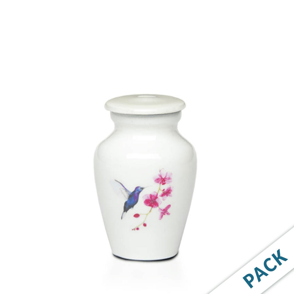 KEEPSAKE -Classic Alloy Urn - 4000 Series – WHITE with Illustration - Pack of 10 Hummingbird