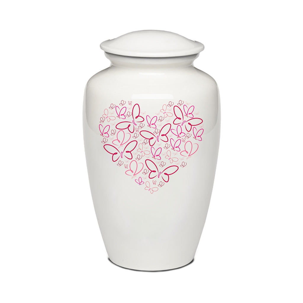 ADULT - Powder Coated Alloy Urn -4123- Heart with Butterflies Pink