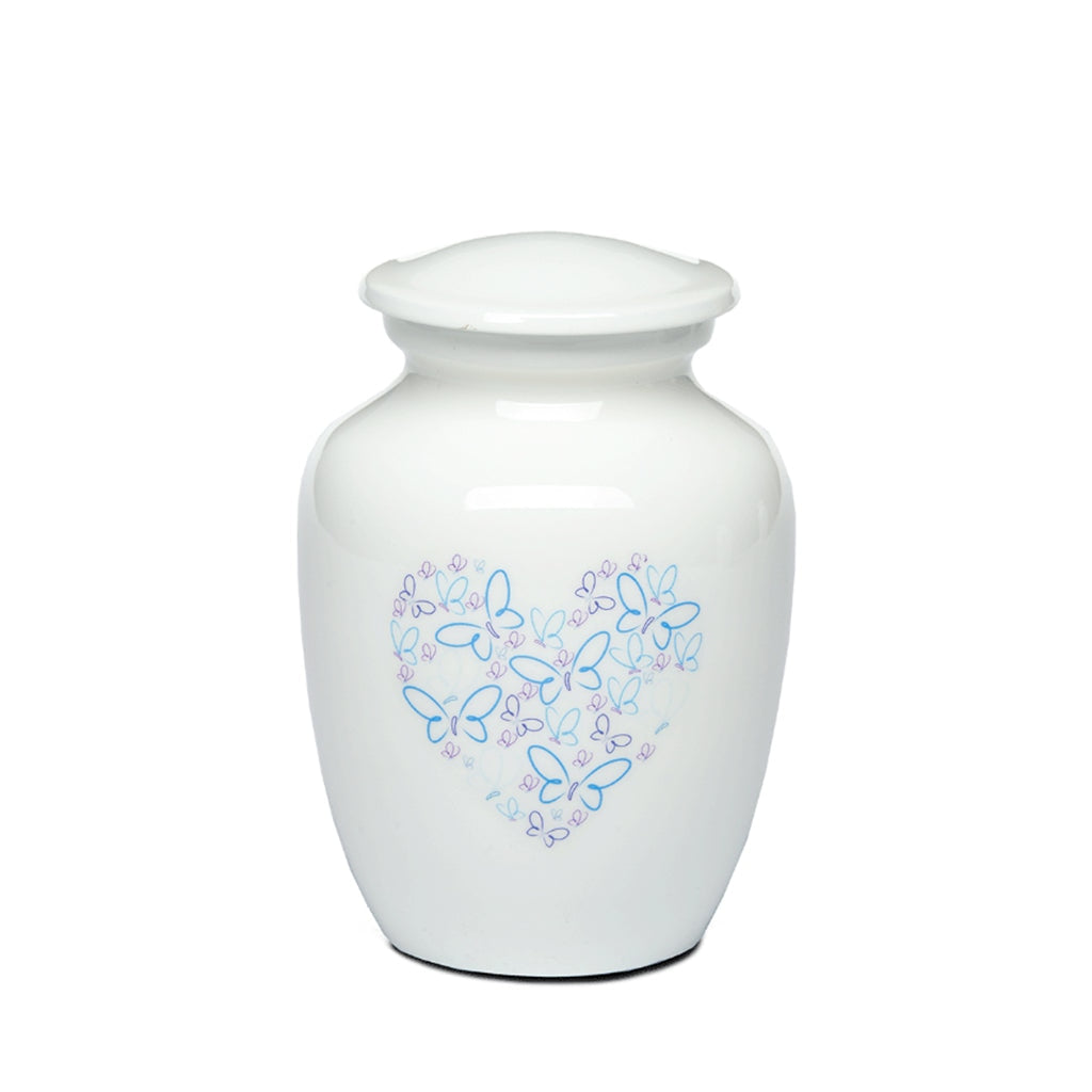 SMALL - Powder Coated Alloy Urn -4123- Heart with Butterflies Blue