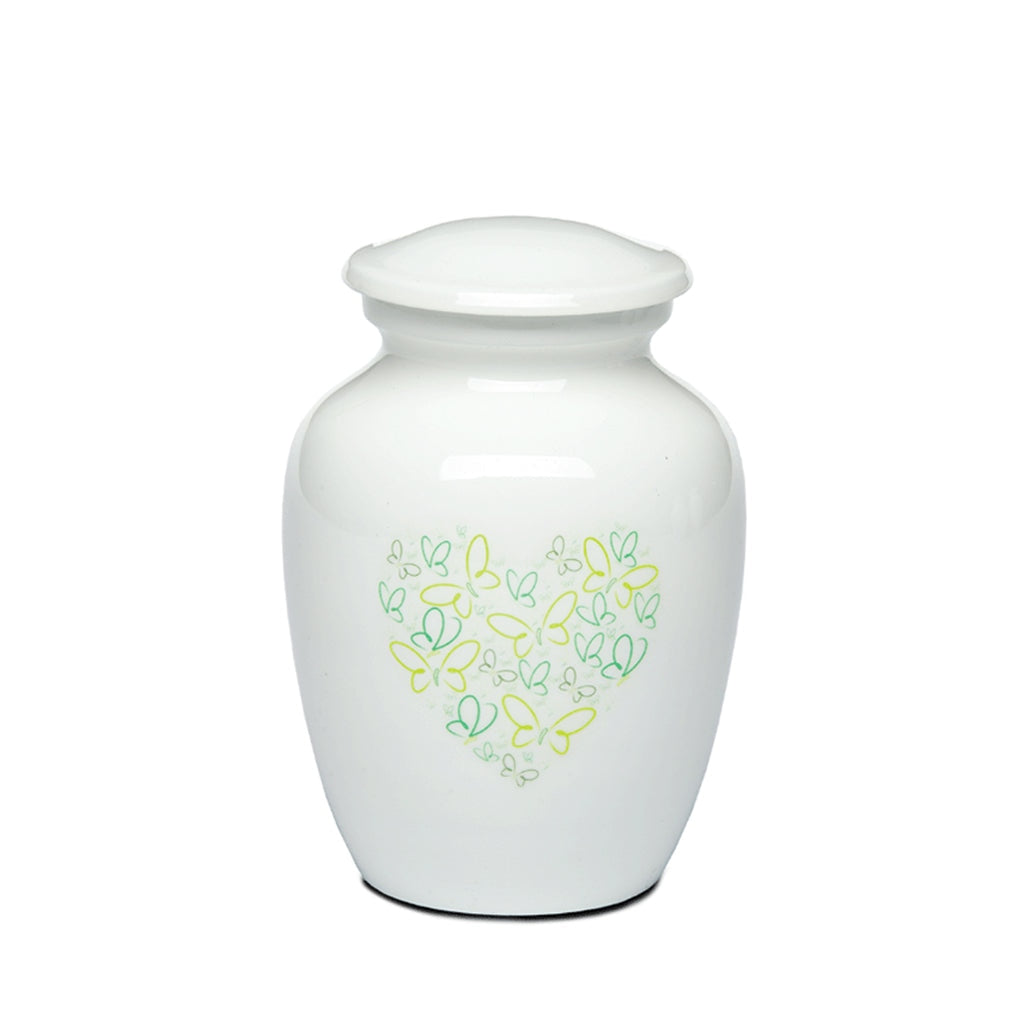 SMALL - Powder Coated Alloy Urn -4123- Heart with Butterflies Green
