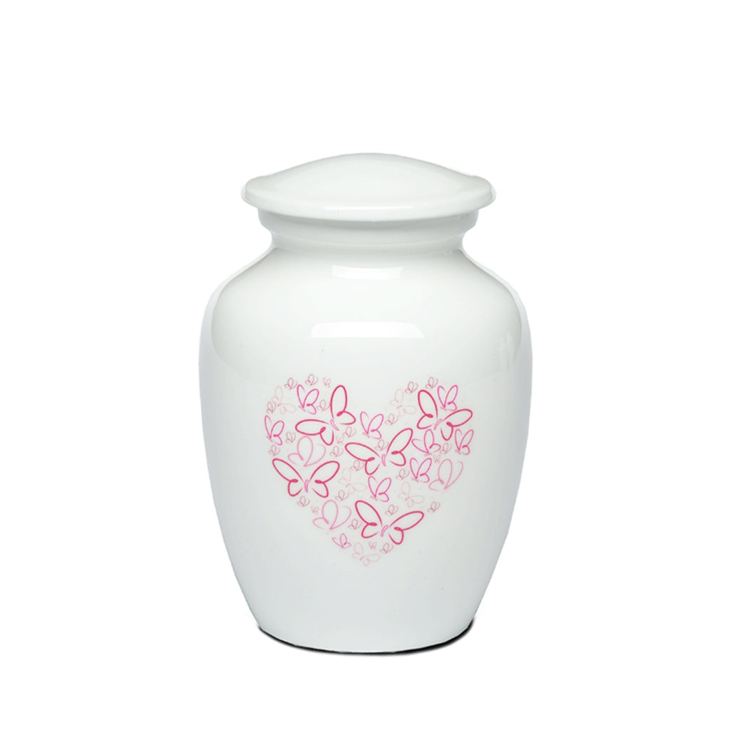 SMALL - Powder Coated Alloy Urn -4123- Heart with Butterflies Pink