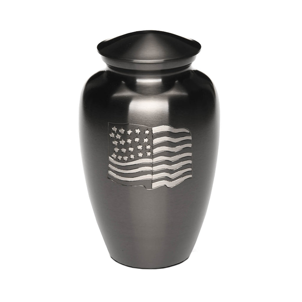 IMPERFECT SELECTION - ADULT -Brass Urn -5-5000– GUN METAL with AMERICAN FLAG