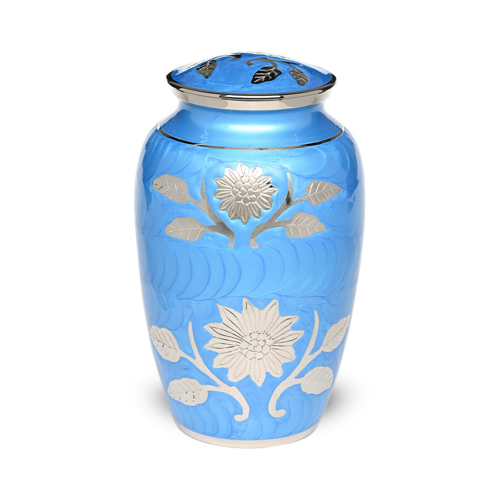 ADULT Brass urn -1500- Florentine Corn Flower Design Blue
