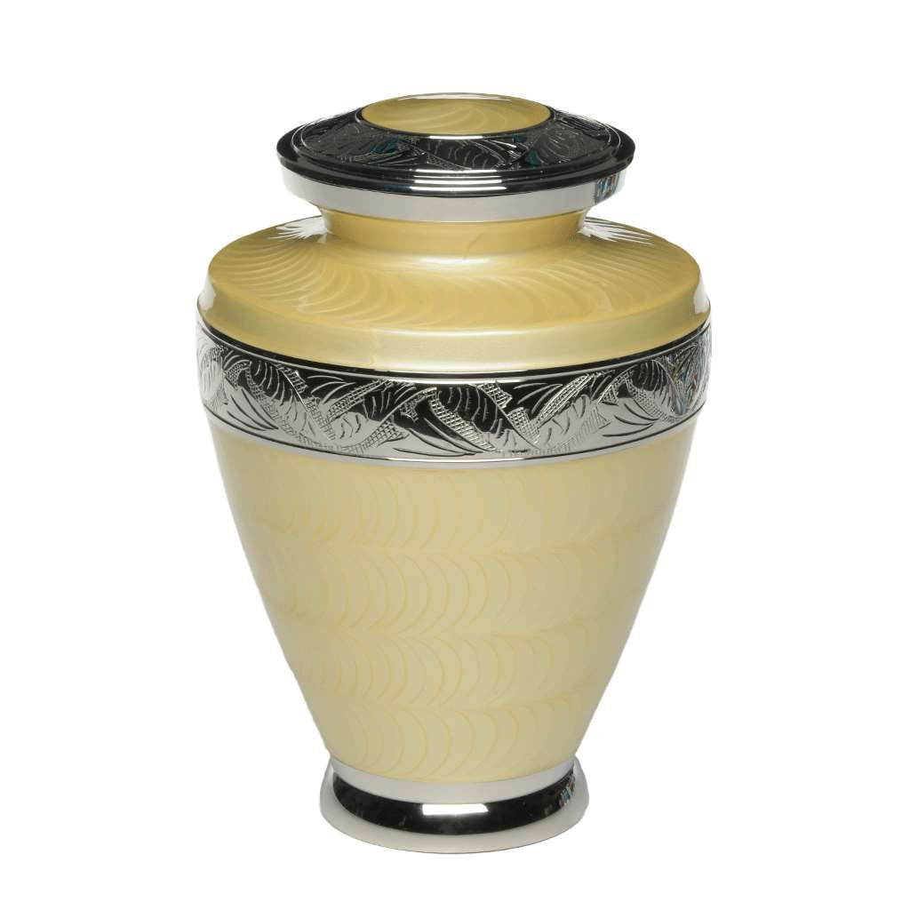 IMPERFECT SELECTION - ADULT Brass Urn -1964- Enamel Overlay - Silver-tone bands Yellow