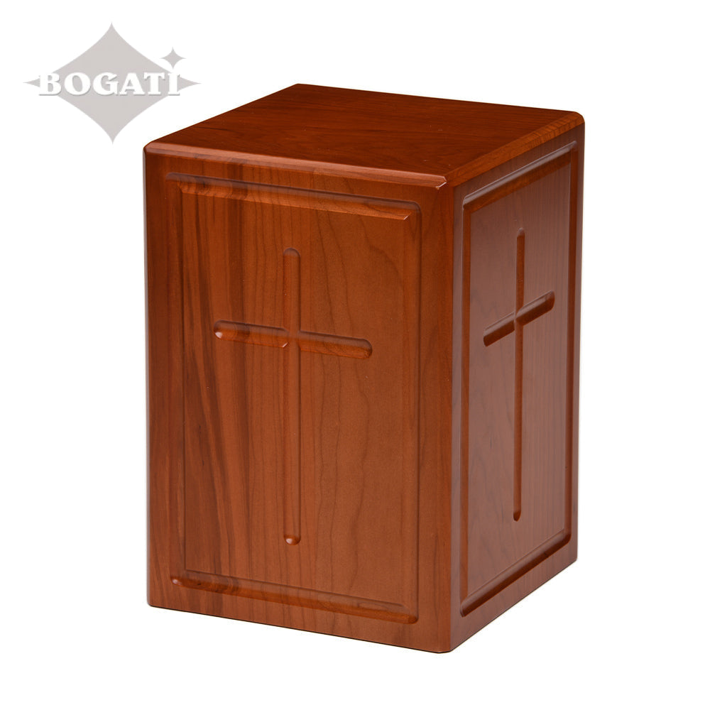 ADULT - Cherry Wood Tower Urn -AW03- Border and Cross