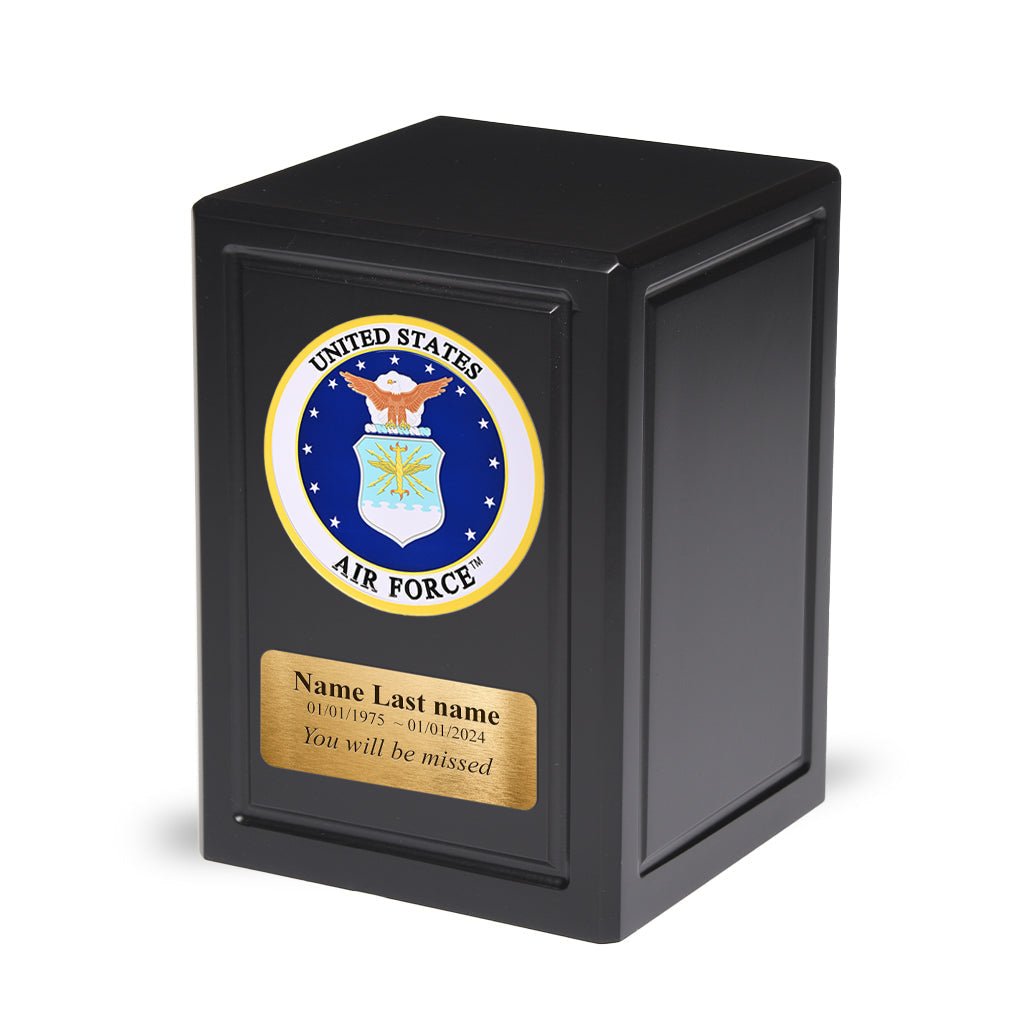 ADULT - Basswood Urn -AW04- Black with Military Emblem and Optional Plate Air Force