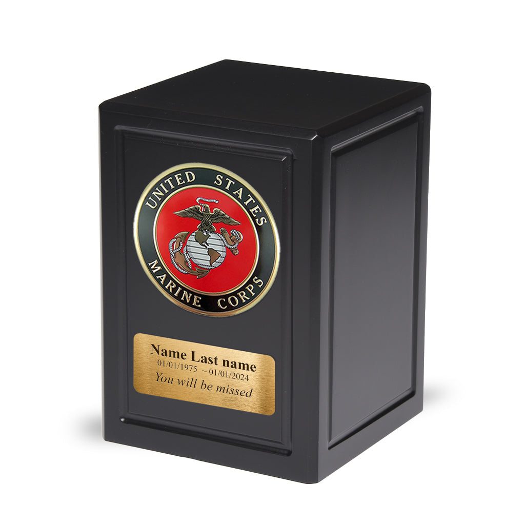 ADULT - Basswood Urn -AW04- Black with Military Emblem and Optional Plate Marine Corps