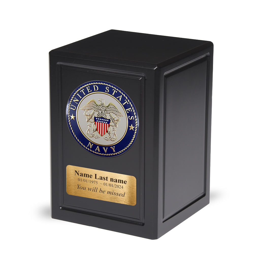 ADULT - Basswood Urn -AW04- Black with Military Emblem and Optional Plate Navy