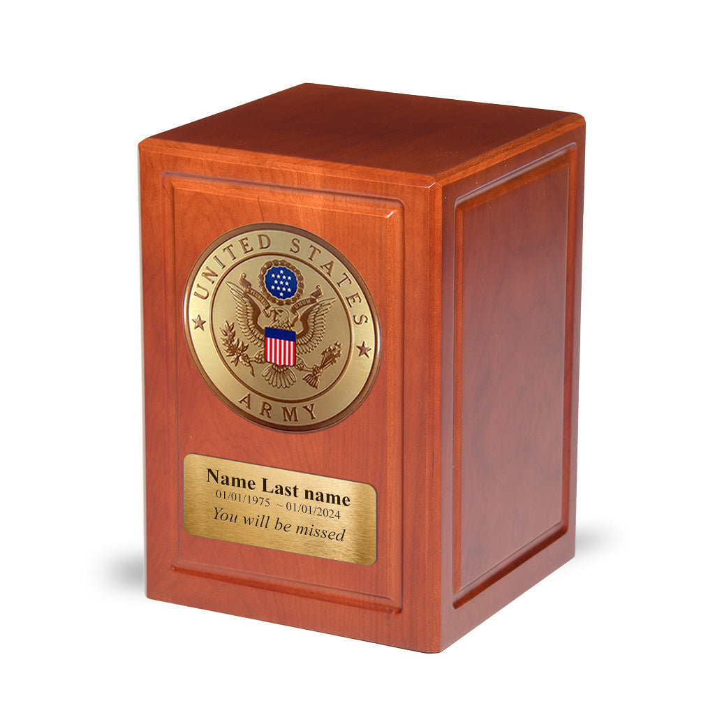 ADULT - Basswood Urn -AW04- Cherry with MIlitary Emblem and Optional Plate Army