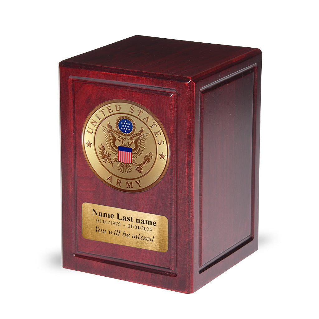 ADULT - Basswood Urn -AW04- Dark Cherry with Military Emblem and Optional Plate Army