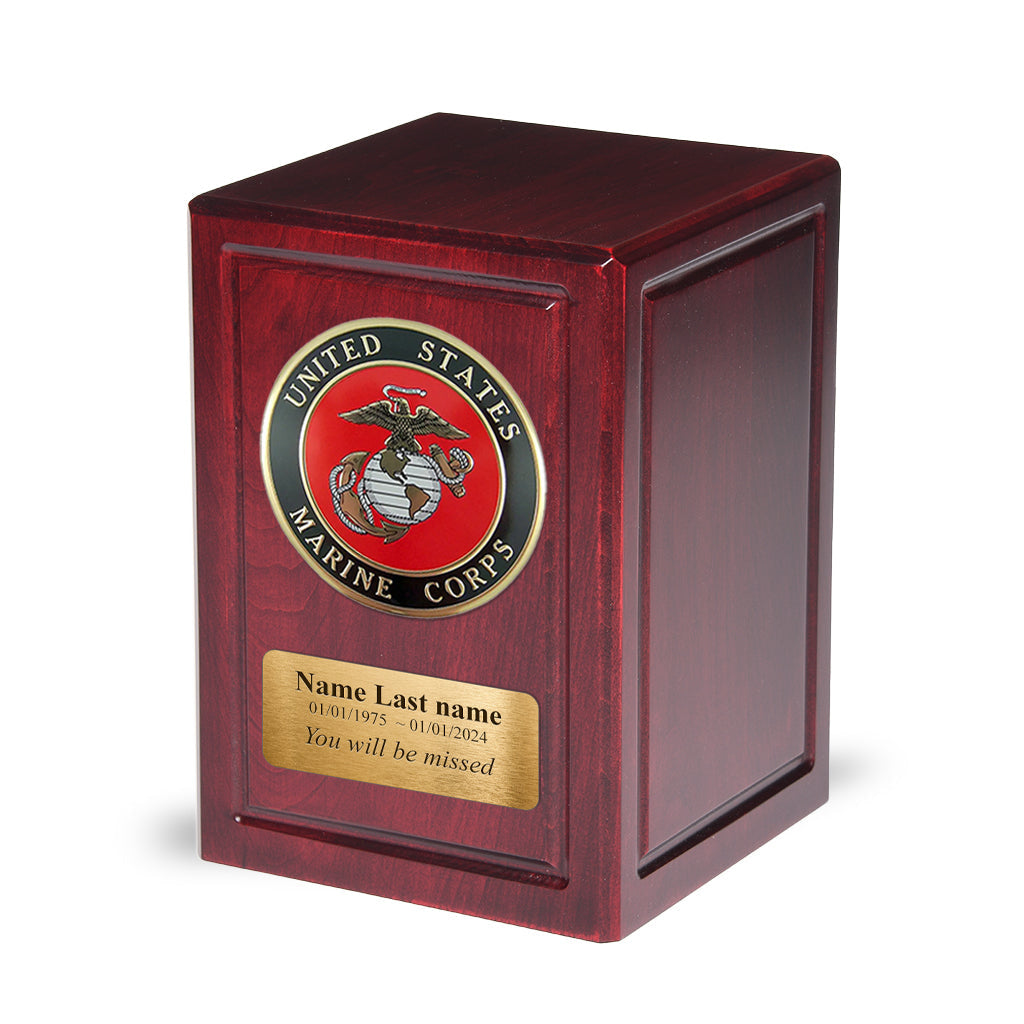 ADULT - Basswood Urn -AW04- Dark Cherry with Military Emblem and Optional Plate Marine Corps