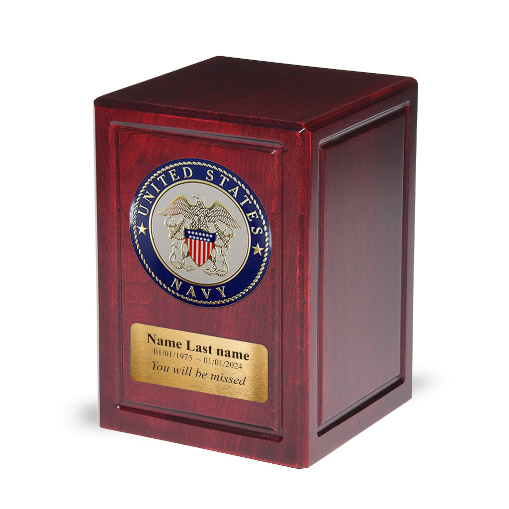 ADULT - Basswood Urn -AW04- Dark Cherry with Military Emblem and Optional Plate Navy
