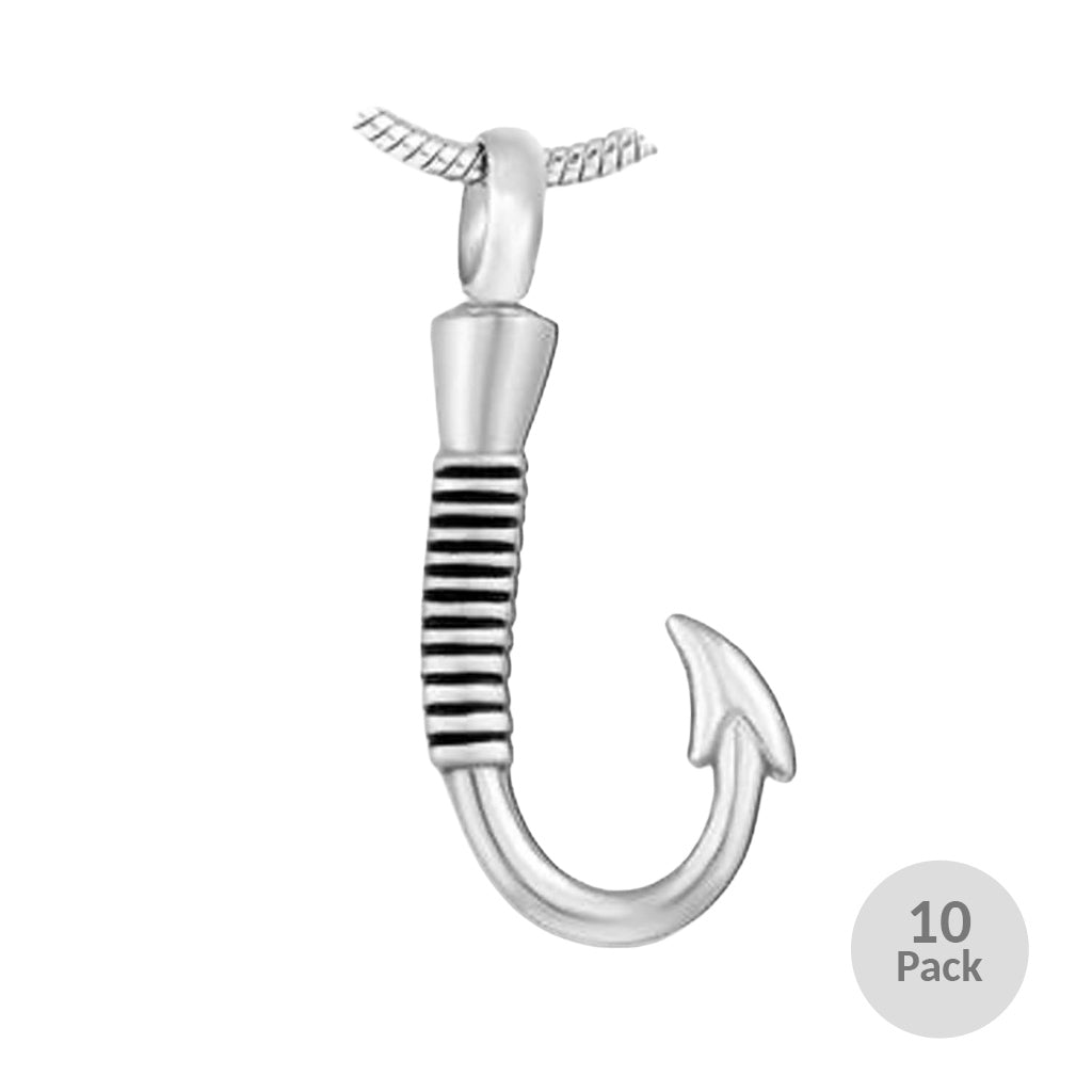 J-049 - Fish Hook - Silver-tone - Pendant with Chain - Pack of 10
