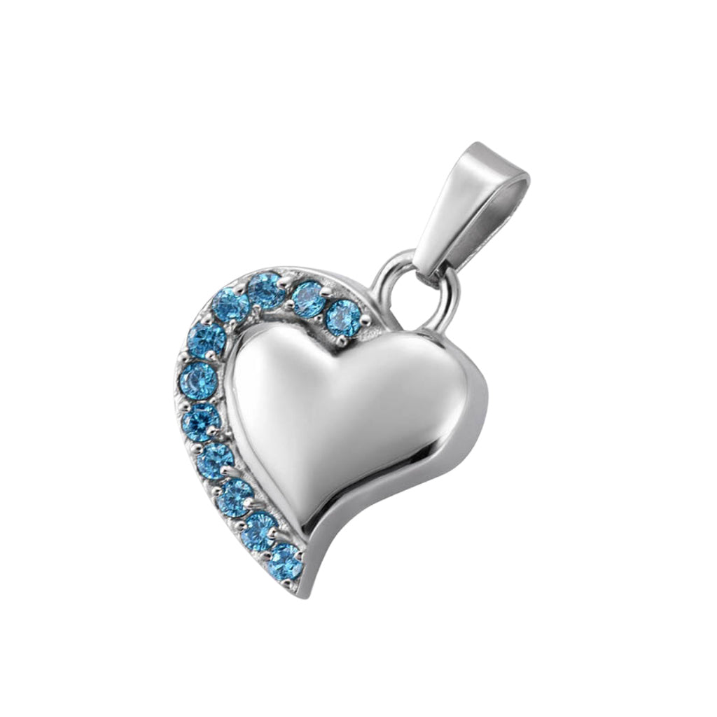 J-077 - Curved Silver Heart with Crystal Stones - Pendant with Chain Blue