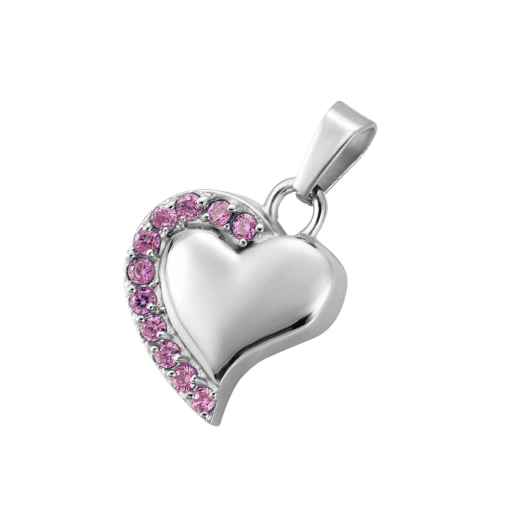 J-077 - Curved Silver Heart with Crystal Stones - Pendant with Chain Pink