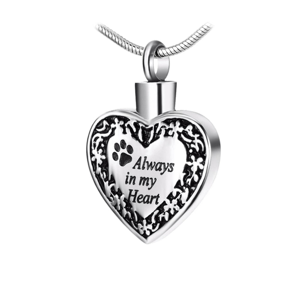 J-084 - Banded Heart With Paw Print Always In My Silver-Tone Pendant Chain