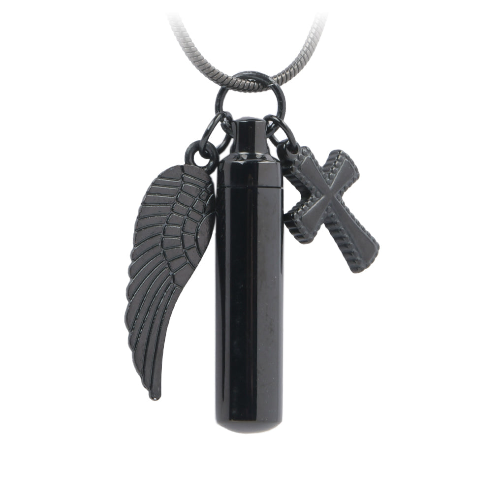 J-203 - Black-tone Cylinder with Angel Wing and Cross - Pendant with Chain