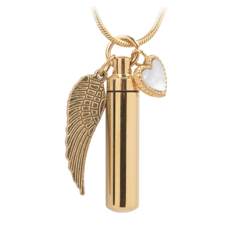 J-204 - Gold-tone Cylinder with Angel Wing and Mother of Pearl Heart - Pendant with Chain