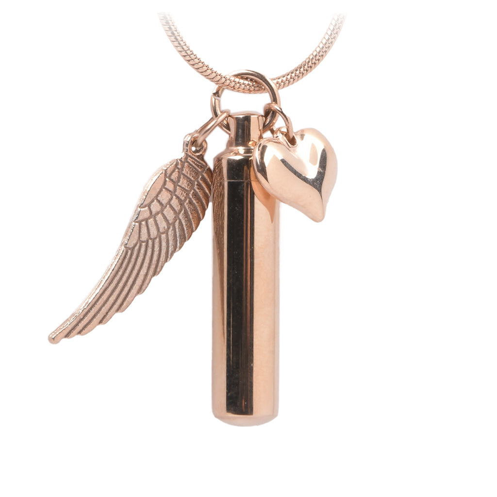 J-205 - Rose Gold-tone Cylinder with Angel Wing and Heart - Pendant with Chain