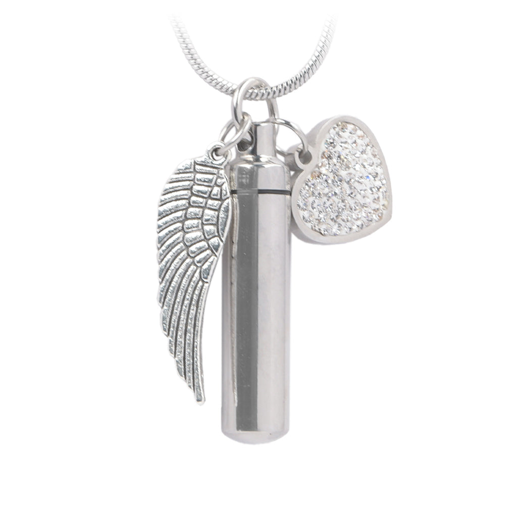 J-206 - Silver-tone Cylinder with Angel Wing and Crystal Heart - Pendant with Chain