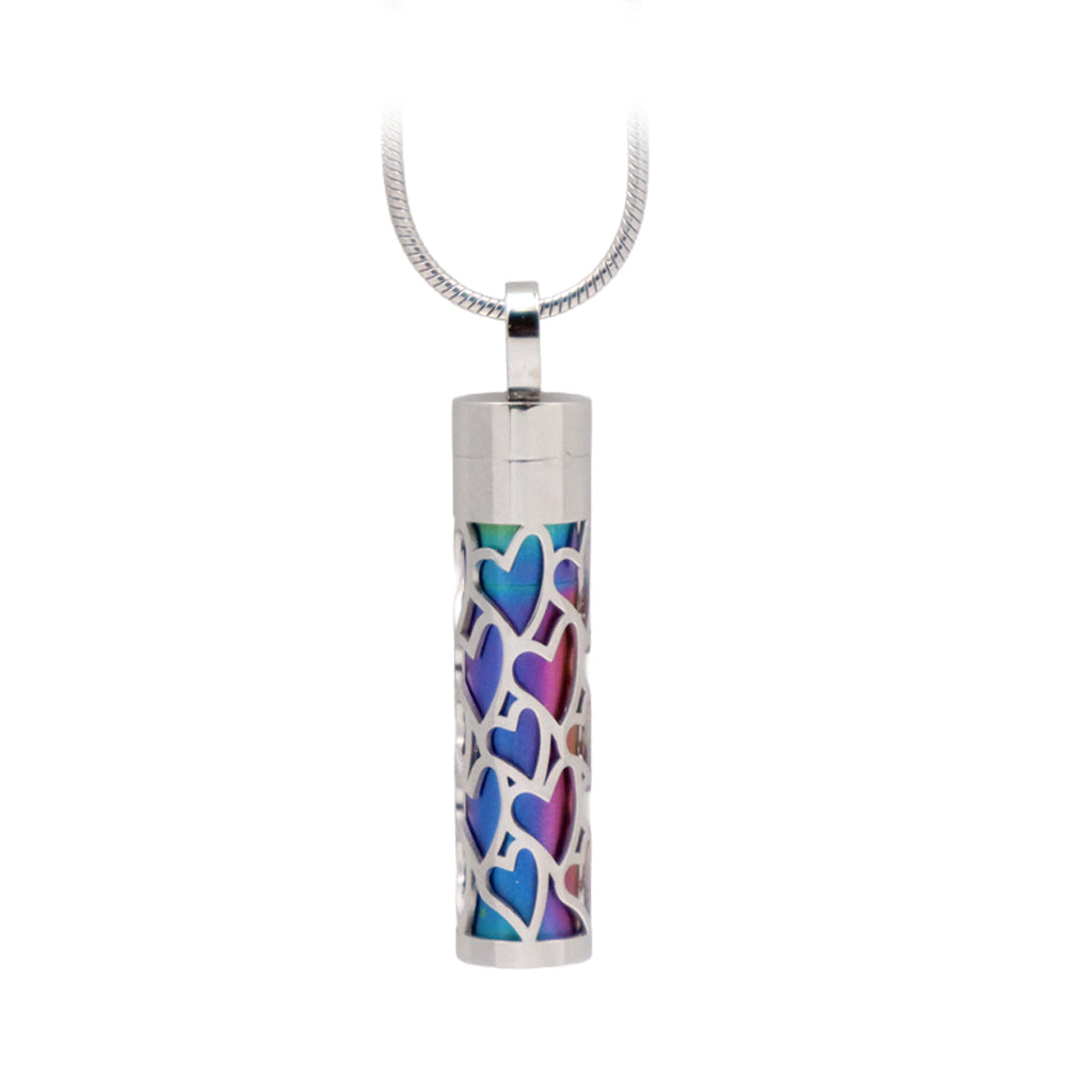 J-2090- Silver Carved Heart Cylinder - Pendant with Chain Rainbow