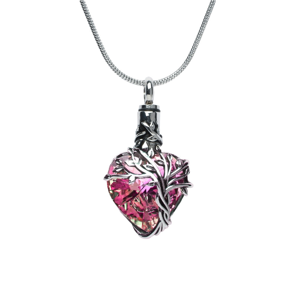 J-2505- Iridescent Cut Glass Heart With Tree Of Life- Pendant Chain Pink-Yellow-Green