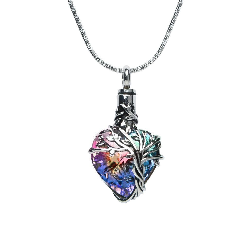 J-2505- Iridescent Cut Glass Heart With Tree Of Life- Pendant Chain Rainbow