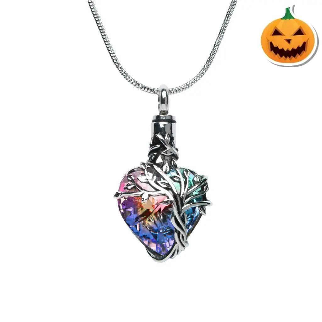 J-2505- Iridescent Cut Glass Heart With Tree Of Life- Pendant Chain Rainbow