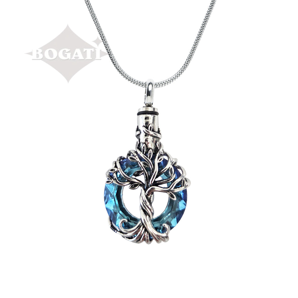 J 2510 Iridescent Cut Glass Circle with Tree of Life Pendant with Chain Dark Blue Lt Blue