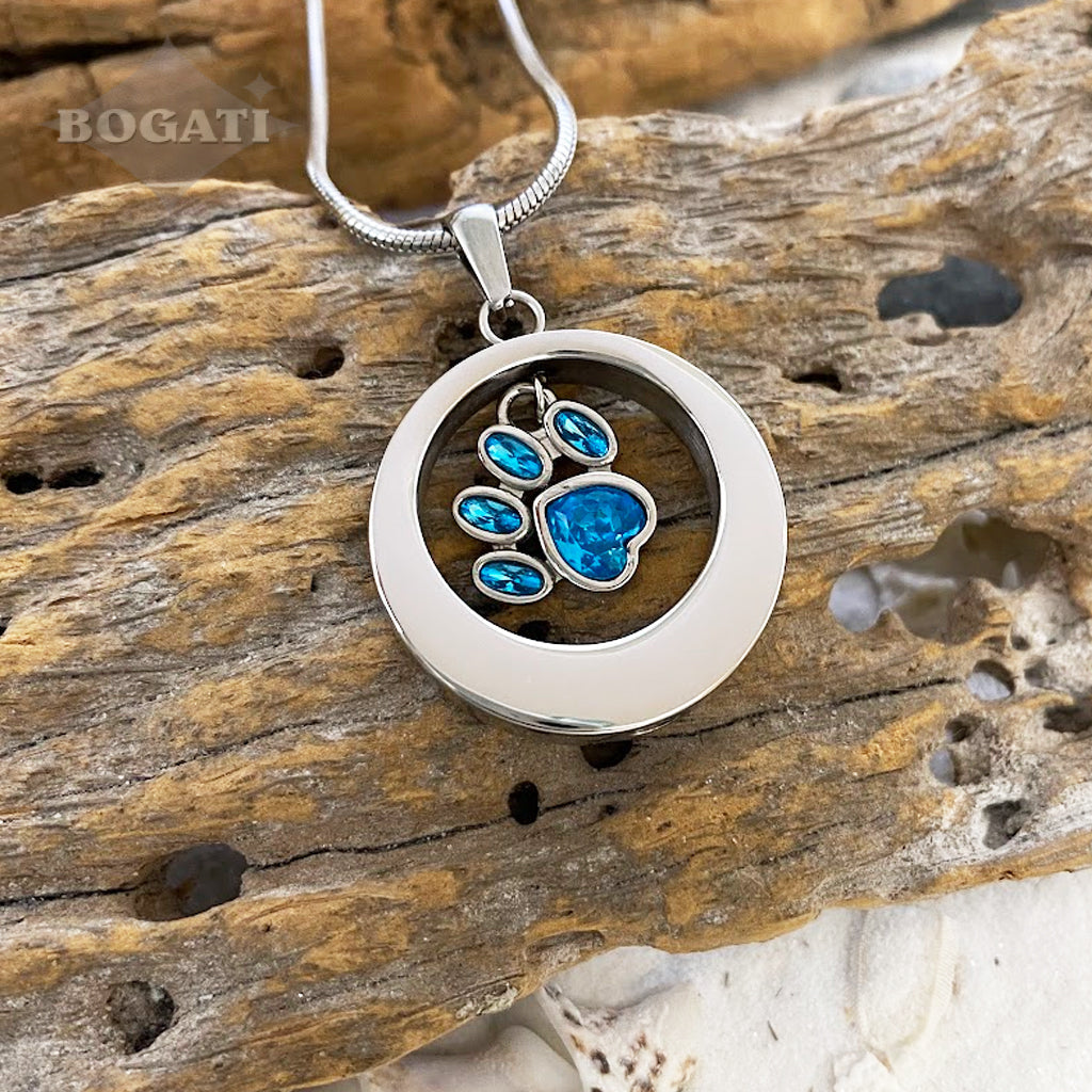 J-355 - Circle With Glass Paw Print Charm ~Pendant Chain