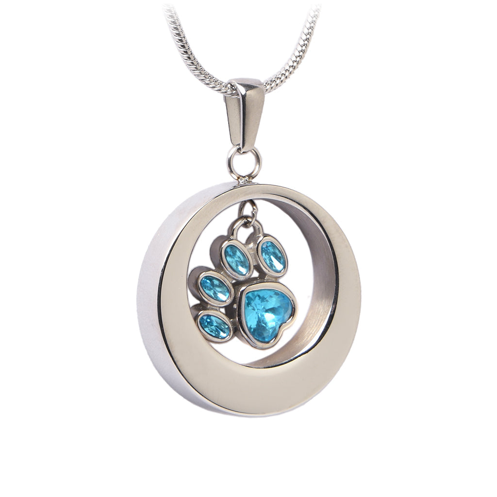 J - 355 - Circle Of Love With Glass Paw Print Charm ~Pendant Chain Blue
