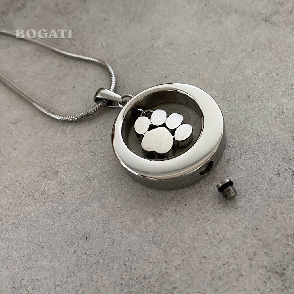 J-355 - Circle With Glass Paw Print Charm ~Pendant Chain